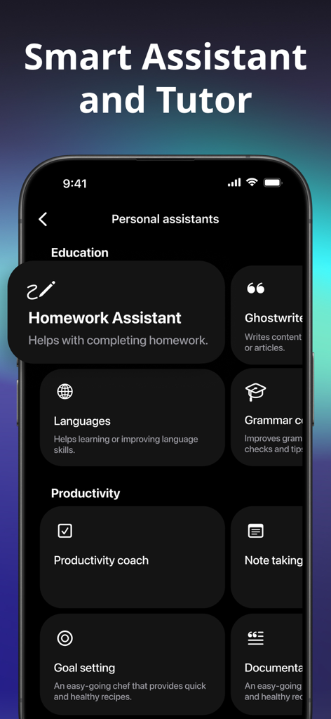 Hello AI app interface showing a list of personal assistants for education and productivity