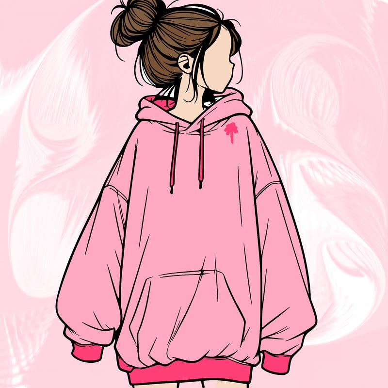 realistic girl with a oversized sweatshirt on and a bun