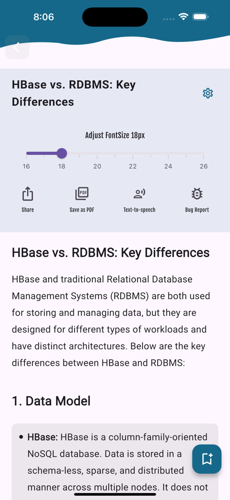 Hadoop学習アプリのチュートリアル画面。HBaseとRDBMSの主な違いと読書設定を比較しています。