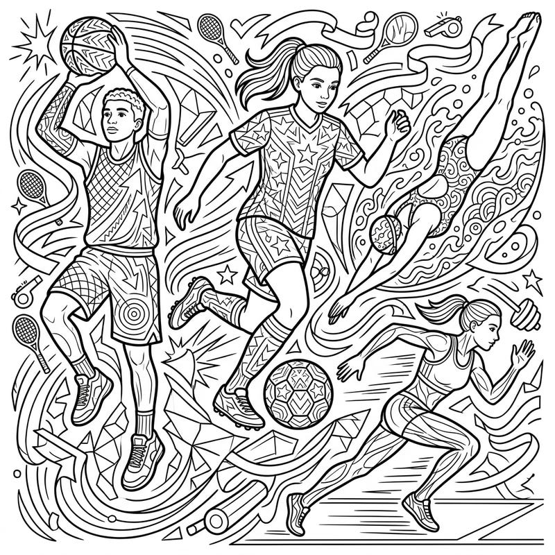 Celebrate the energy and dedication of young athletes with this highly detailed adult coloring page. Immerse yourself in a dynamic scene featuring various sports, perfect for a challenging and rewarding creative session.