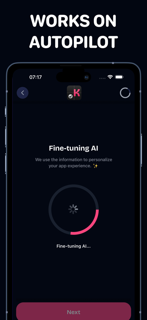 Kwizz: AI Quiz Generator - Eine Smartphone-Oberfläche der Kwizz-App, die einen Fortschrittskreis während des KI-Feinabstimmungsprozesses für ein personalisiertes Lernerlebnis zeigt