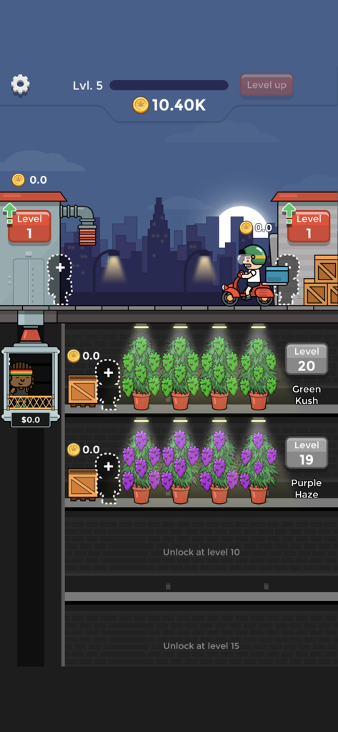 Gameplay screenshot of Weed Factory Idle showing underground levels for growing Green Kush and Purple Haze plants with delivery scooter and elevator.