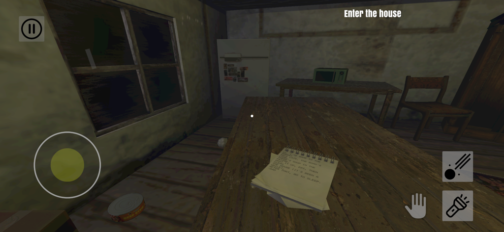 Escape Room : Keep Awake - First person view of a spooky kitchen with a notepad on a wooden table in the Escape Room Keep Awake game