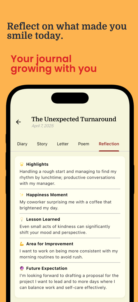 AI Journal & Diary - Reflect - Pantalla de reflexión de la aplicación AI Journal que muestra los puntos destacados diarios y los momentos de felicidad.