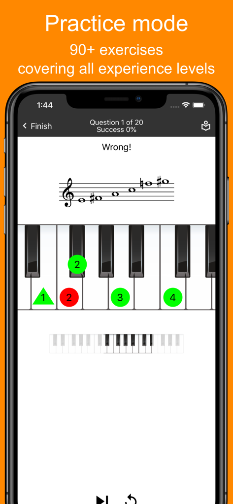 MyEarTraining - Ear Trainer - MyEarTraining app interface showing a music theory exercise with a staff and virtual piano