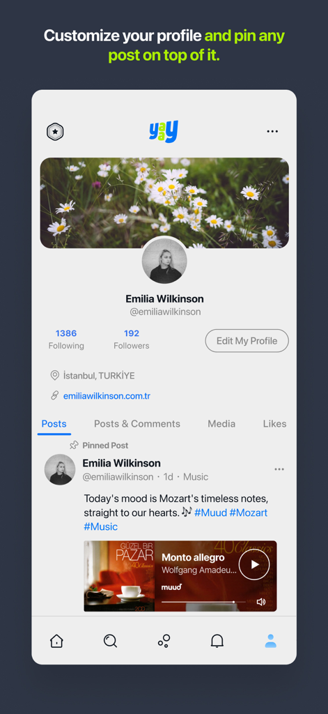 A mobile app screen showing a user profile on Yaay with followers count and a pinned post.