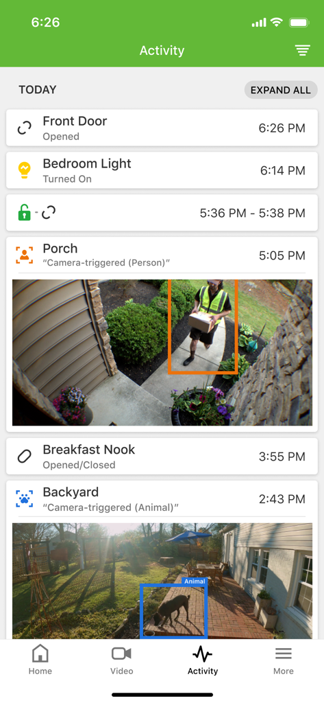 HomePro Security - Activity feed in HomePro Security app showing smart home logs and camera snapshots