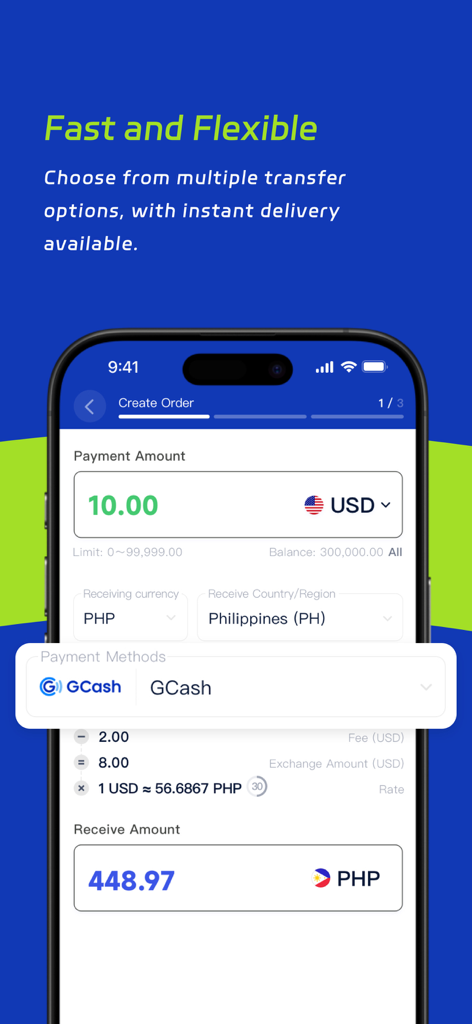 Epay Wallet（易派钱包） - Interfaccia dell'app Epay Wallet che mostra un trasferimento di denaro internazionale da USD a PHP utilizzando il metodo di pagamento GCash