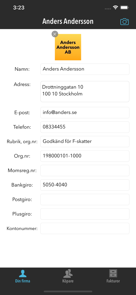 FakturaMallen - 회사 연락처 및 세금 정보를 입력하기 위한 FakturaMallen 앱의 비즈니스 프로필 설정 화면.