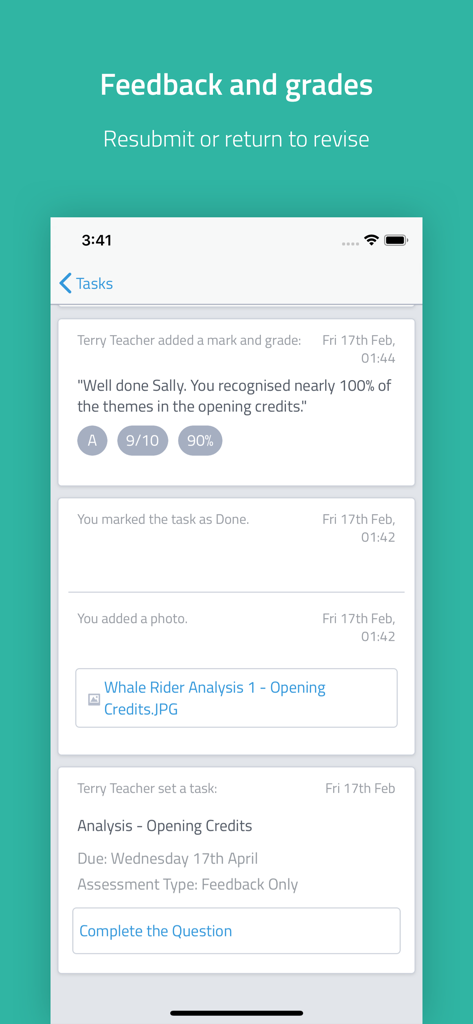 Firefly for Students - Screenshot of the Firefly for Students app showing teacher feedback grades and student task submission history