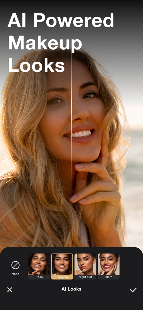 SoReal AI | Face Swap Changer - Split screen comparison showing a woman before and after applying AI-powered makeup looks.