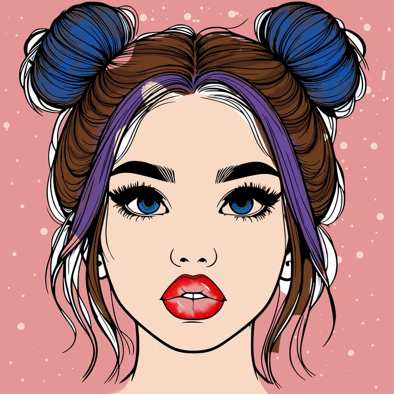 realistic girl with two buns on her hair and lips