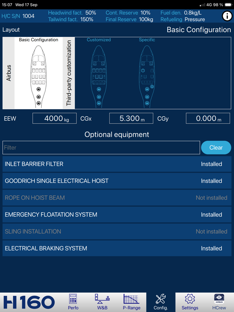 H160 Flight Perfo - H160 Flight Perfo app interface showing helicopter cabin layout and optional equipment settings