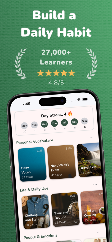 Vocabulary Flashcards: Vocabu - Vocabu app interface displaying a daily study streak and personalized vocabulary card collections.