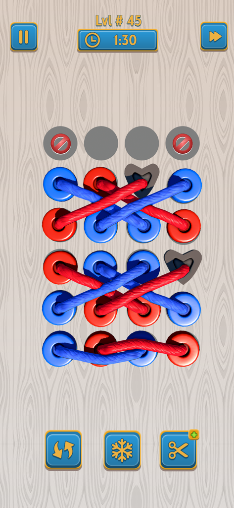 Twisted Puzzle Tangle Rope 3D - A 3D puzzle game level showing red and blue ropes that need to be untangled on a wooden surface