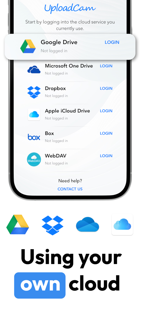 UploadCam. Company Camera - UploadCam login screen showing integration options for Google Drive Microsoft OneDrive and Dropbox