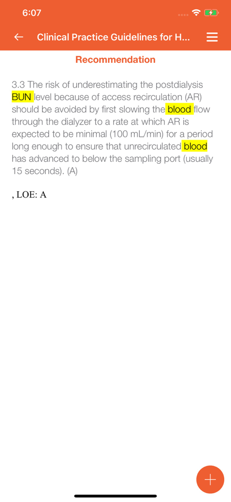 A medical clinical practice guideline recommendation for dialysis within the NKF KDOQI app.