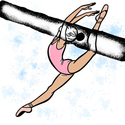 gymnast doing a leap in a leotard with a bent back leg