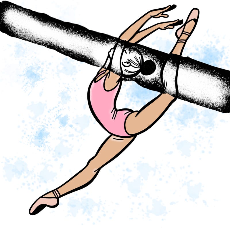 gymnast doing a leap in a leotard with a bent back leg