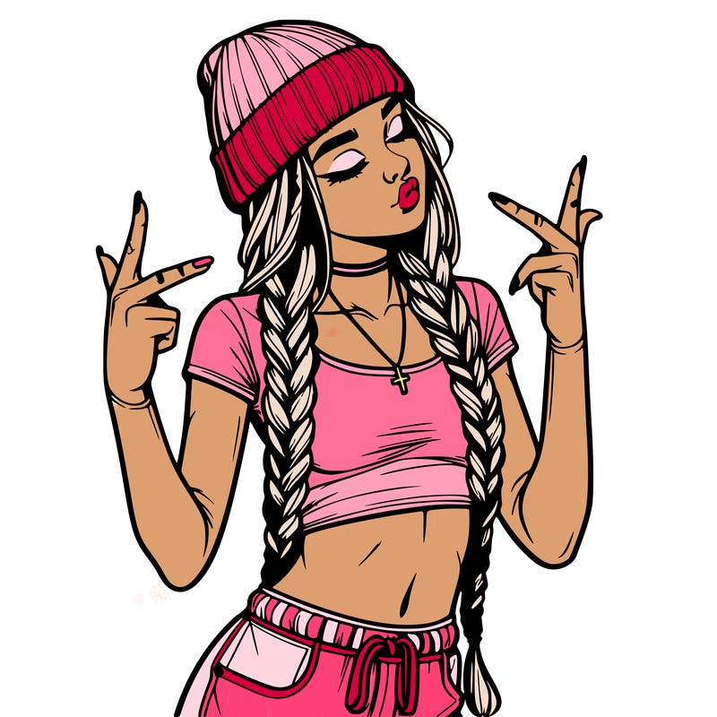 realistic teenage girl with braids and a beanie and crop top doing 🫶🏼