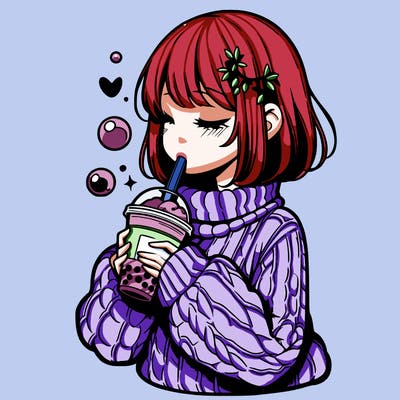 manga girl drinking boba in cozy sweater