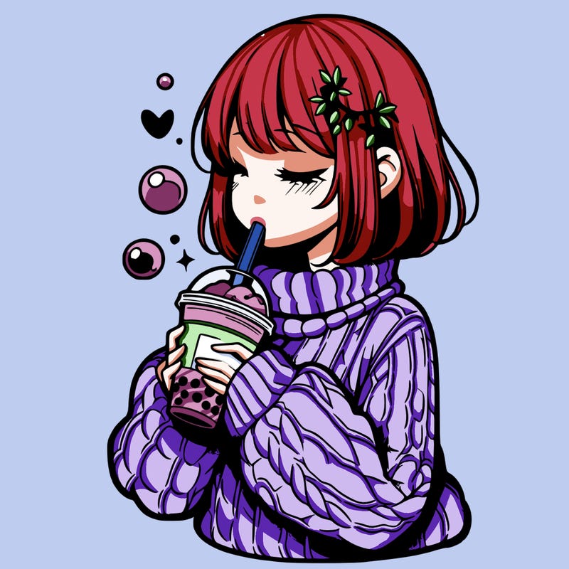 manga girl drinking boba in cozy sweater