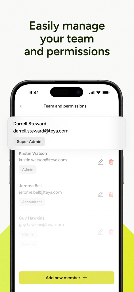 A smartphone showing the Teya app interface for managing business team members and their permission levels