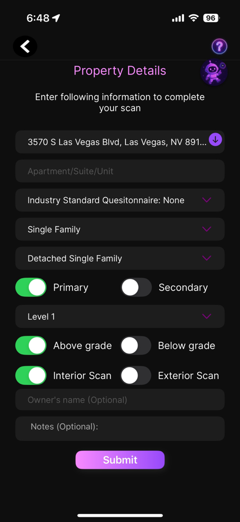InstaPlan® - InstaPlan mobile app screen showing property details input fields for a real estate scan.