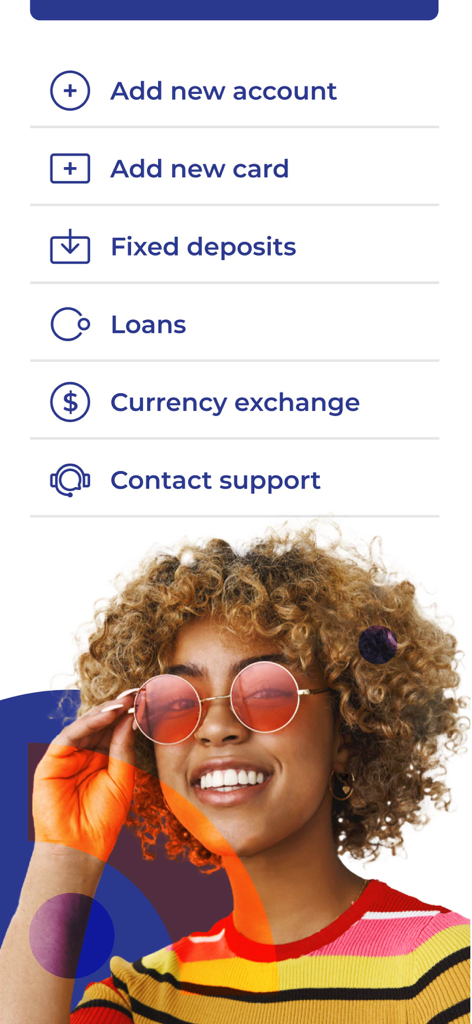 Sagicor Bank Barbados Limited - A menu screen of the Sagicor Bank app featuring services like adding accounts, cards, and currency exchange.