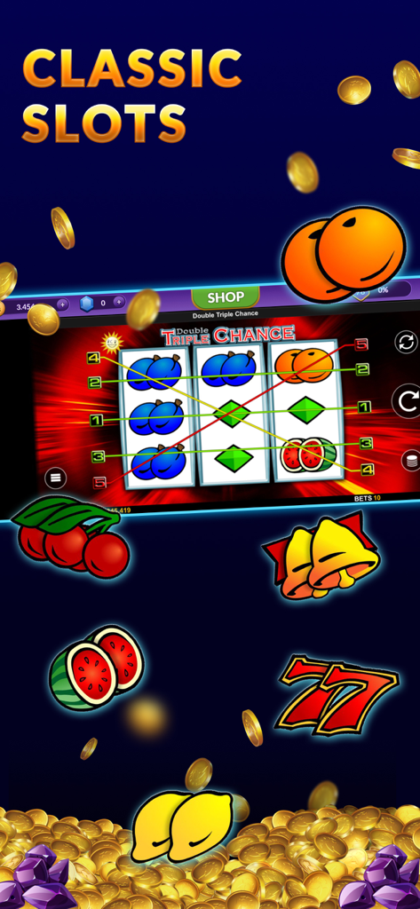 SpinArena Slots: Online Casino - SpinArena mobile app showing a classic slot machine game interface with fruit icons and falling gold coins