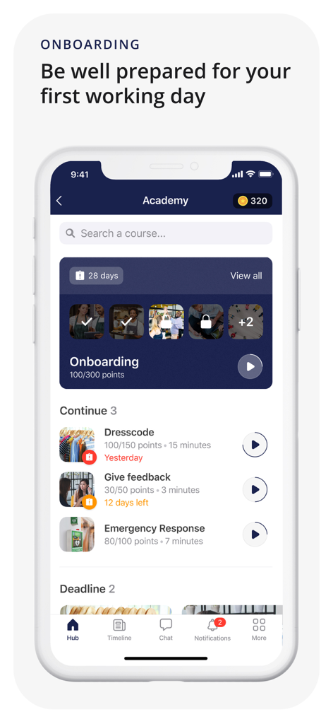 Oneteam app Academy interface showing onboarding courses and employee training modules