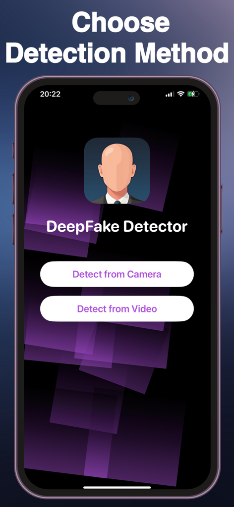 DeepFake Detector mobile app interface with options to scan camera or video