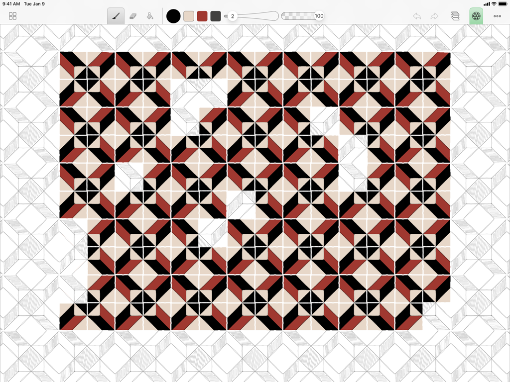 Amaziograph - iPad의 Amaziograph 앱에서 그려지고 있는 빨간색과 검은색의 기하학적 테셀레이션 패턴