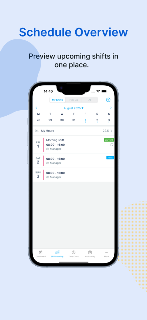 Humanity Schedule by TCP - Interface of the Humanity Schedule app showing upcoming shifts and calendar view on a mobile device