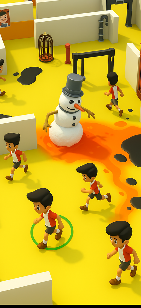 Hide and Seek Mini Games - A 3D snowman seeker chasing multiple players in a colorful maze level