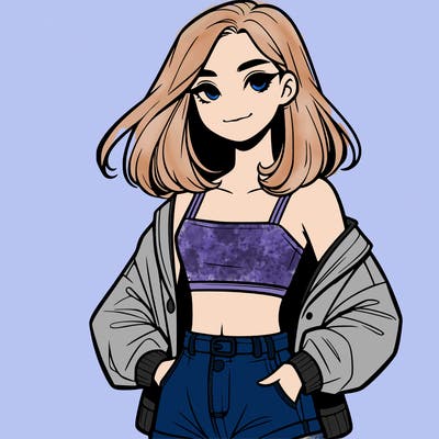 a realistic girl with a crop top and short shorts in an open jacket
