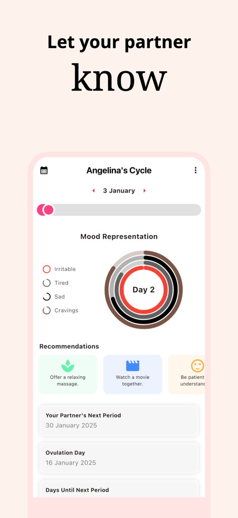 Rise, Period Tracker, Calendar - A mobile screenshot of the Rise app showing the partner connection feature with cycle tracking and mood insights