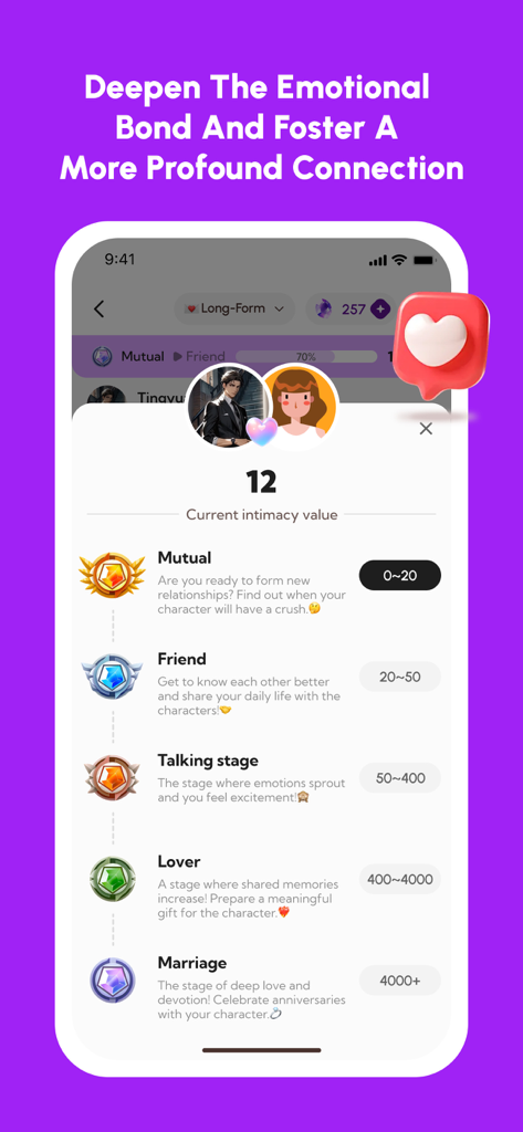 DeepLove AI app screen displaying intimacy levels and relationship stages from mutual to marriage.