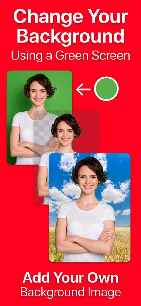 Infographic showing how to change a video background using the green screen feature in the Video Teleprompter app.