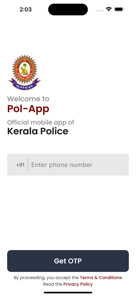 Pol-App(Kerala Police) - Welcome and login screen of the official Kerala Police Pol-App showing phone number entry field.