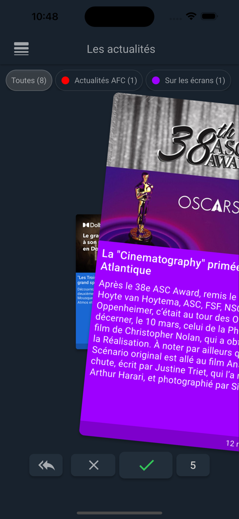 News article in the AFCNews app about cinematography awards for Oppenheimer
