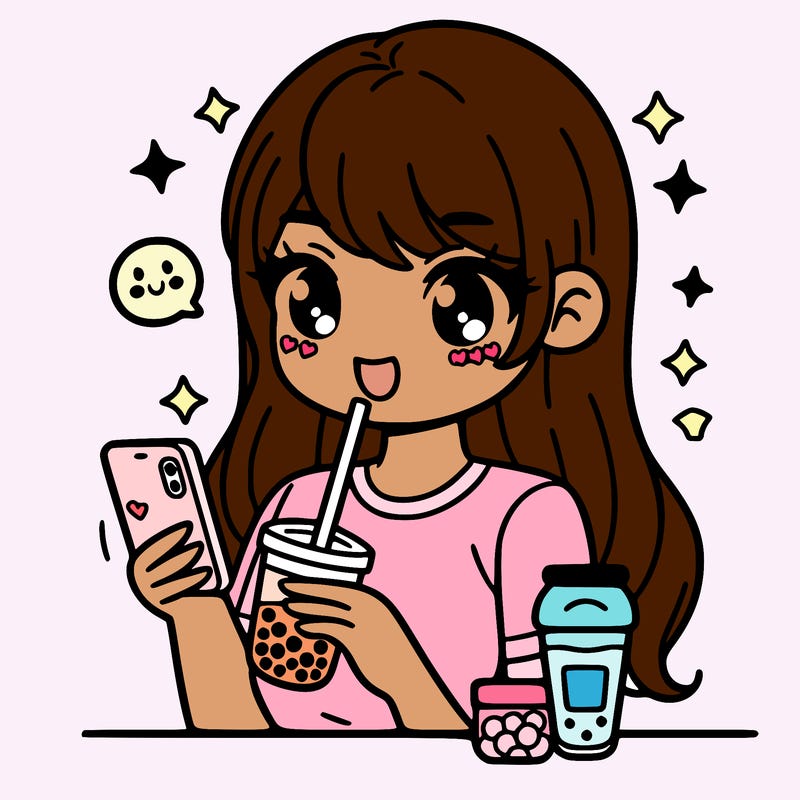 girl drinking boba on her phone with skincare