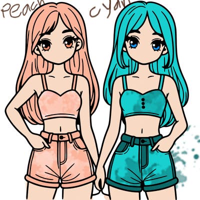 two sisters with crop tops and jean shorts and straight hair