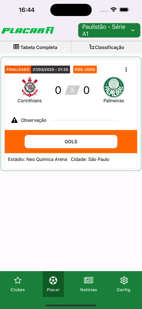 Placar FI - Futebol Interior - Placar FI mobile app interface displaying a soccer match result between Corinthians and Palmeiras.