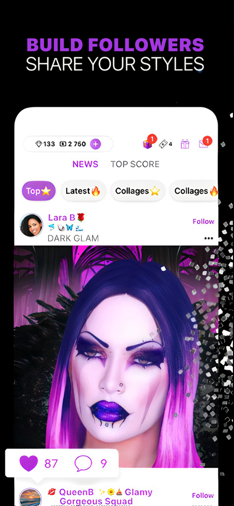 Makeup Creator: Makeup Games - Social feed of Makeup Creator app showing a dark glam makeover with follower engagement