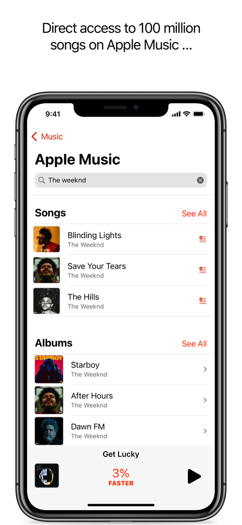 Perfect Tempo app screen showing Apple Music search results and playback controls