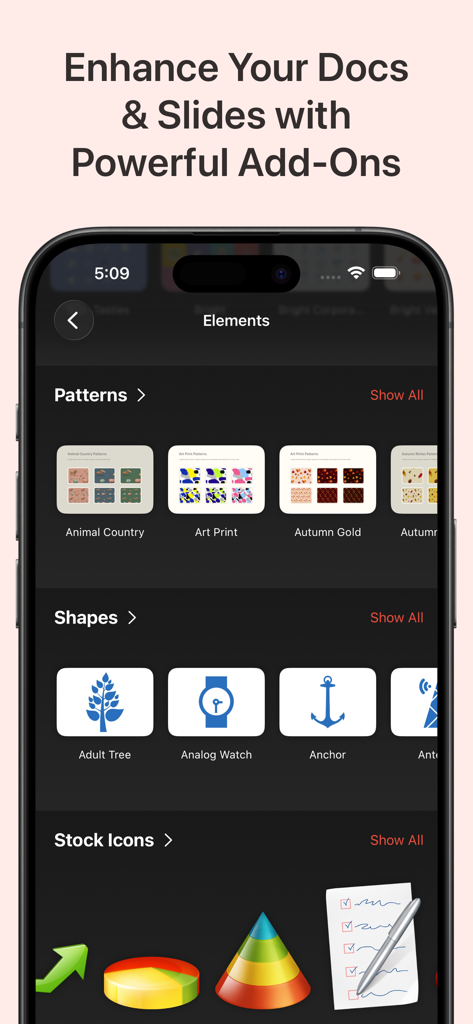 패턴 모양 및 아이콘과 같은 다양한 디자인 요소를 보여주는 Microsoft Office용 도구 인터페이스