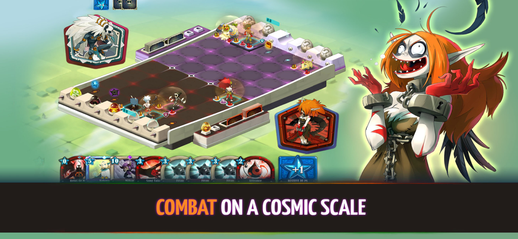 Krosmaga - Krosmaga game board showing creatures on tactical lanes and a hand of cards with the text Combat on a Cosmic Scale.