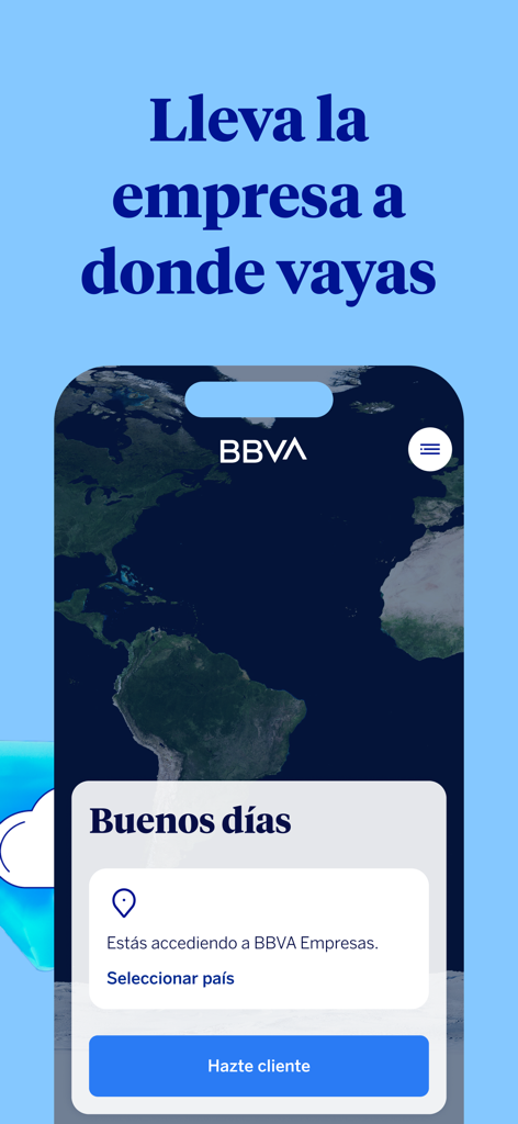 Pantalla de bienvenida de la aplicación móvil BBVA Empresas que muestra un fondo de mapa mundial y opciones de banca de negocios.
