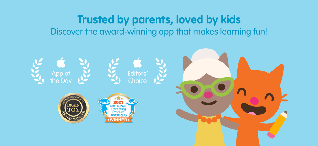 Personagens do Sago Mini School com selos de prêmios incluindo App do Dia e Escolha do Editor